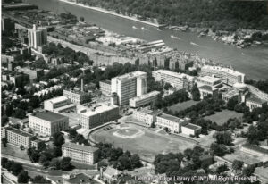 Aerial view of the Bronx Community College, CUNY campus at University Ave. & W. 181st St. BCC took over this former New York University campus in 1973. Also shown is the surrounding Morris Heights community, the Major Deegan Expressway and the Harlem River.