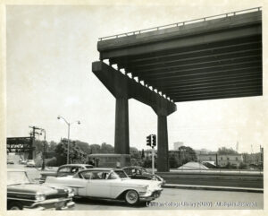 Image of a pylon and a half finished roadway for the Bruckner Expressway.