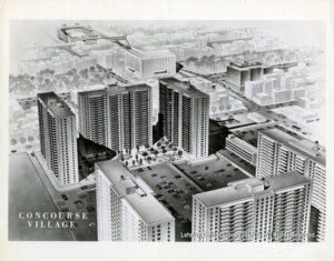Image of an architectural drawing of the Concourse Village towers, parking lots. The county building, and stadium in the background.