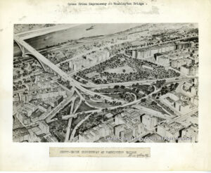Image of an architectural drawing of housing and highways connecting to Washington Bridge.