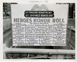Image of a poster advertising for Defense bonds and acknowledging the Bronx soldiers who died in defense of their country from September 3 to October 27, 1951 in Korea.