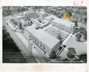 Image of an architectural rendering for a school. Several school buses are visible as well.
