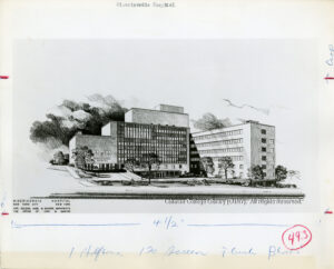 Image of a drawing of a hospital with trees surrounding it. The hospital is on a hill.