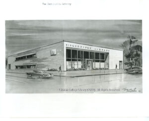 Image of an architectural rendering of the Kingsbridge Library Branch. It is a watercolor style, with two figures walking, and two cars.