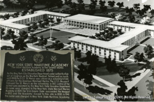 Image of a building with trees, and a plaque noting that the New York State Maritime Academy was established in 1875 and is the oldest Maritime Academy in the United States.