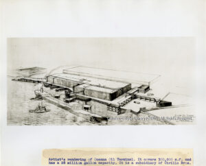 Architectural rendering of the Oceana Oil Terminal. A large boat and several tug boats are visible.