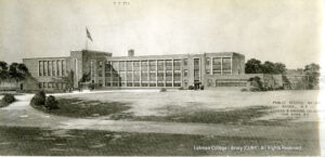 Image of a drawing of PS 122. There are trees in the background.