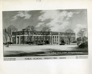 Architectural rendering of Public School 22, with cars, students, and trees without leaves.