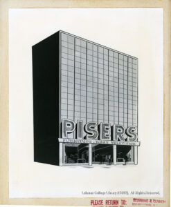 Image of a drawing of a glass building with a visible showroom and sign saying "Pisers Furniture, Rugs Television"