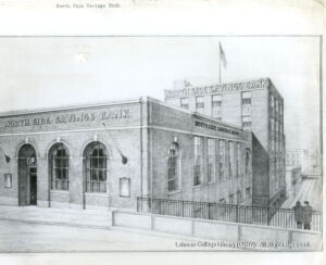Image of an architectural rendering of a bank building. Two people on a sidewalk with a metal fence look over a road or rail track next to the building.