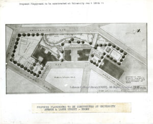 Image of an architectural overhead rendering of a playground showing ublic School 11, University Ave, and Merriam Ave.