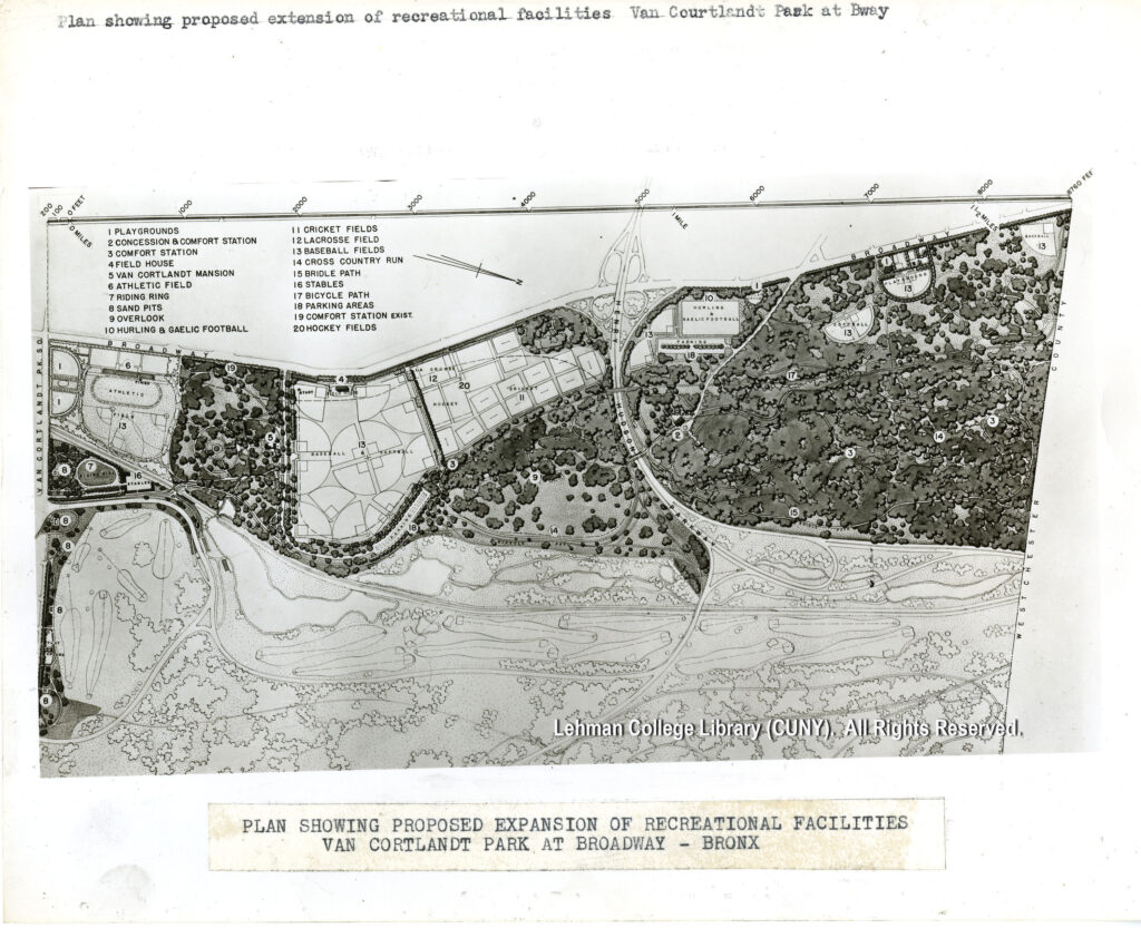 Image of architectural plans for Van Cortlandt park including playgrounds, comfort stations, field houses, and more.