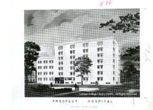 Architectural drawing of Prospect Hospital showing the hospital, people, and trees. Two cars sit off in the distance.