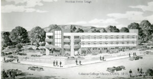 Image of a rendering of a motel. 1950s era cars, trees, and a parking lot are visible, as are many people milling around.