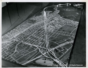 Image of an architectural model of highway approaches to the Throgs Neck Bridge.