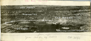 Aerial view of sections of Manhattan, The Bronx, and Queens showing bridges, including the Triborough.
