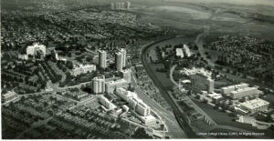 Image of an aerial view of the East Bronx showing Jacobi Hospital, Albert Einstein College of Medicine, and Co-op City in the distance.