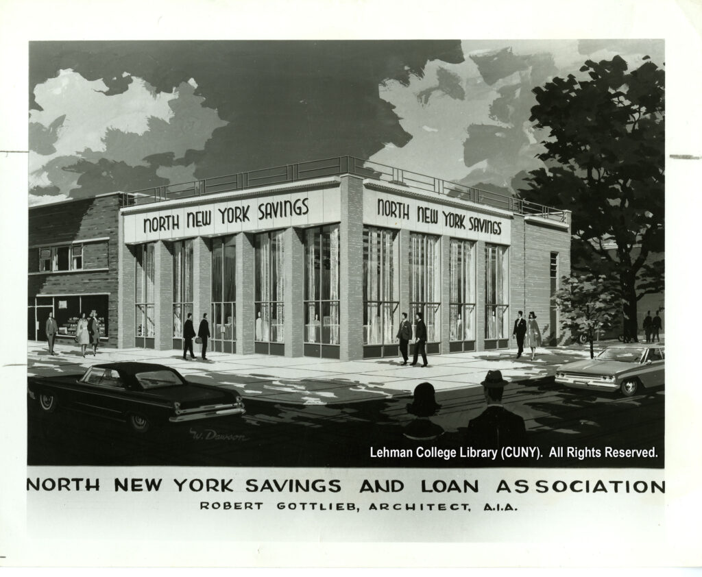 Image of an architectural drawing of a branch of North New York Savings. Several men in suits and women in dresses are visible, as are two circa 1960s cars.